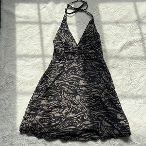 H&M Halter Neck Mini Dress - Black Beige Animal Print, 100% Cotton Size 4